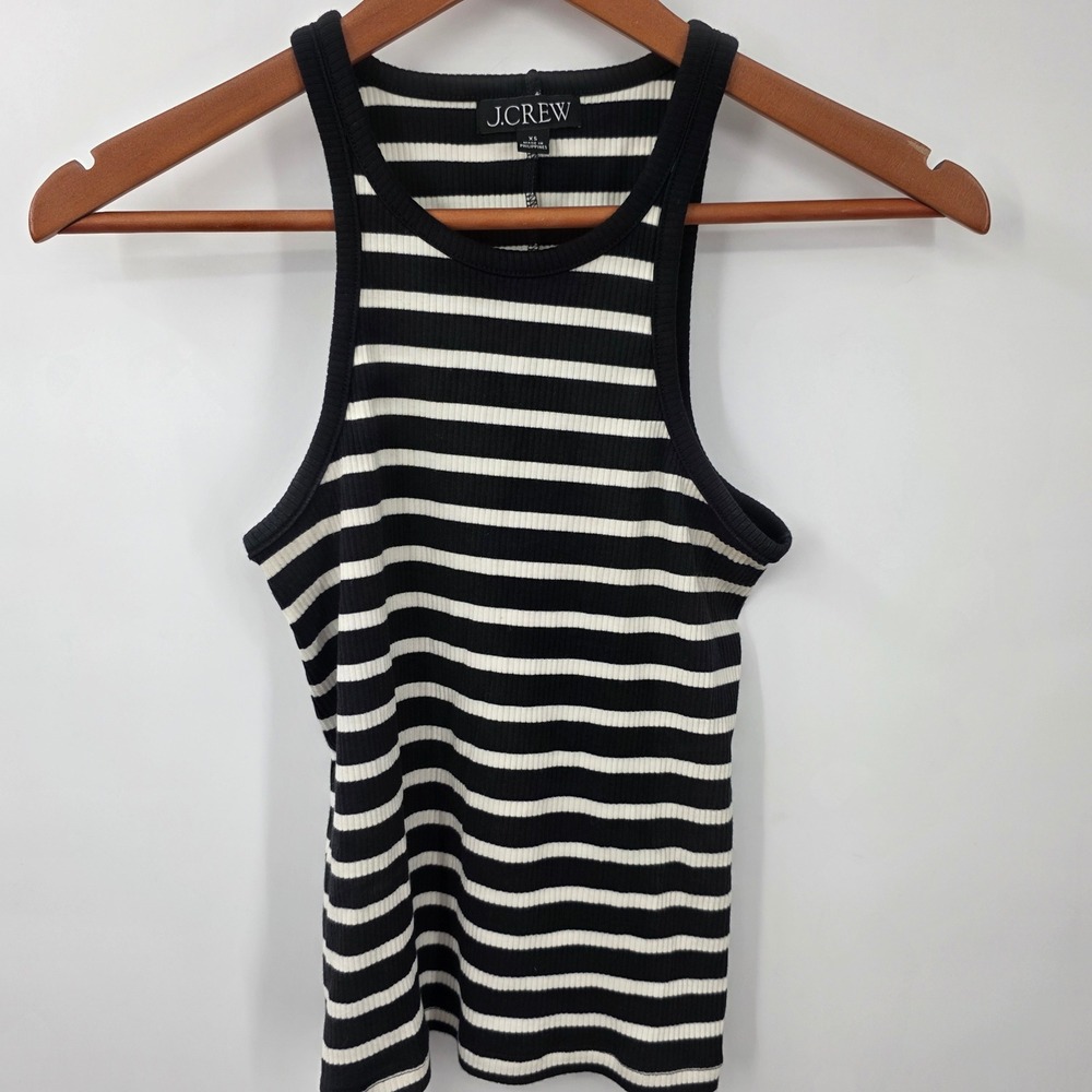 J.Crew Women Black White Striped Ribbed Racerback Tank Top High Neck Rib Knit XS